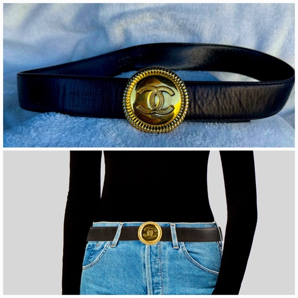 CHANEL Accessories - CHANEL Black Lambskin Leather Adjustable CC Belt w/ Goldtone Medallion Buckle